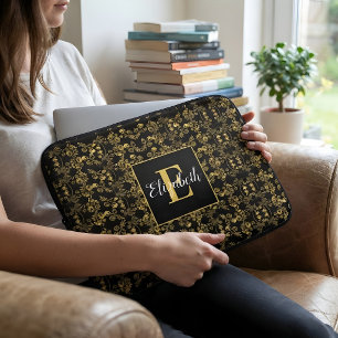 Monogram Black Gold Damask Personalised Name Laptop Sleeve