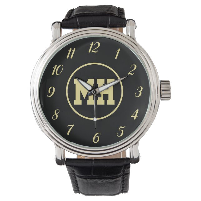 Monogram Black Gold Elegant Modern Initial Watch (Front)