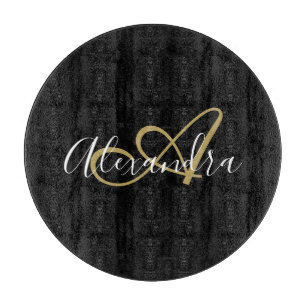 Monogram Black Gold Elegant Script Name Chef Cutting Board