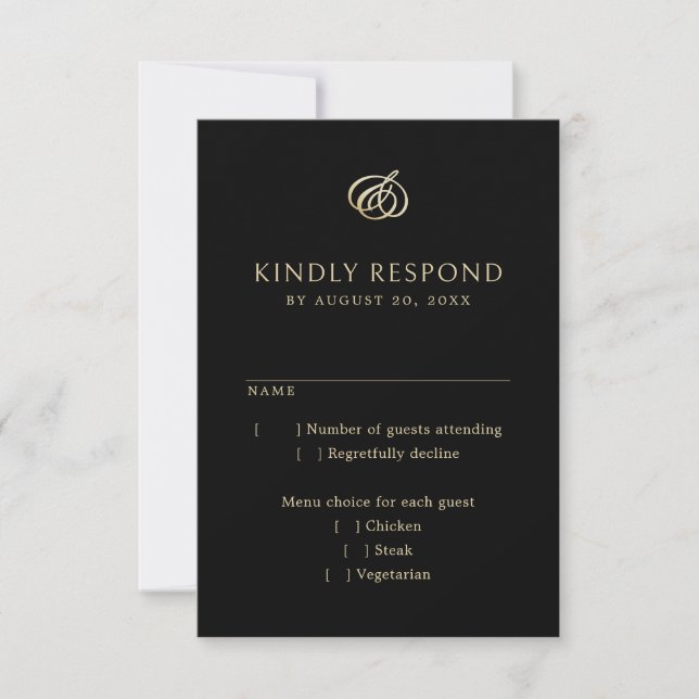 Monogram Black Gold Elegant Wedding RSVP Card (Front)