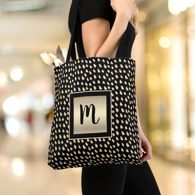 Monogram black gold foil script dots modern bold tote bag (Creator Uploaded)