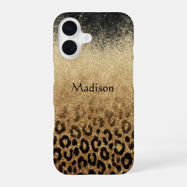 Monogram Black Gold Glitter Leopard Print iPhone 16 Case (Back)