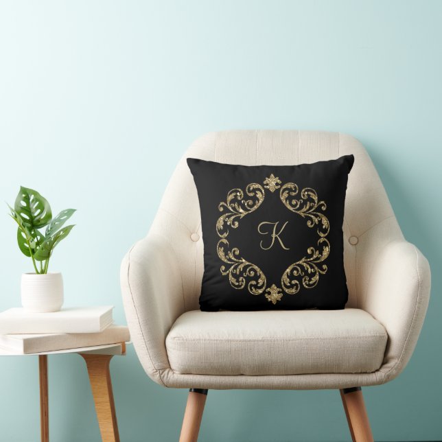 Monogram Black Gold Glitter Trendy Chic Stylish Cushion (Chair)