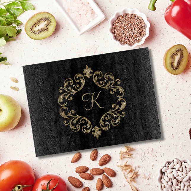 Monogram Black Gold Glitter Trendy Chic Stylish Cutting Board (Black Gold Glitter Monogrammed Initial Cutting board. Bridal Shower Wedding Gift idea)
