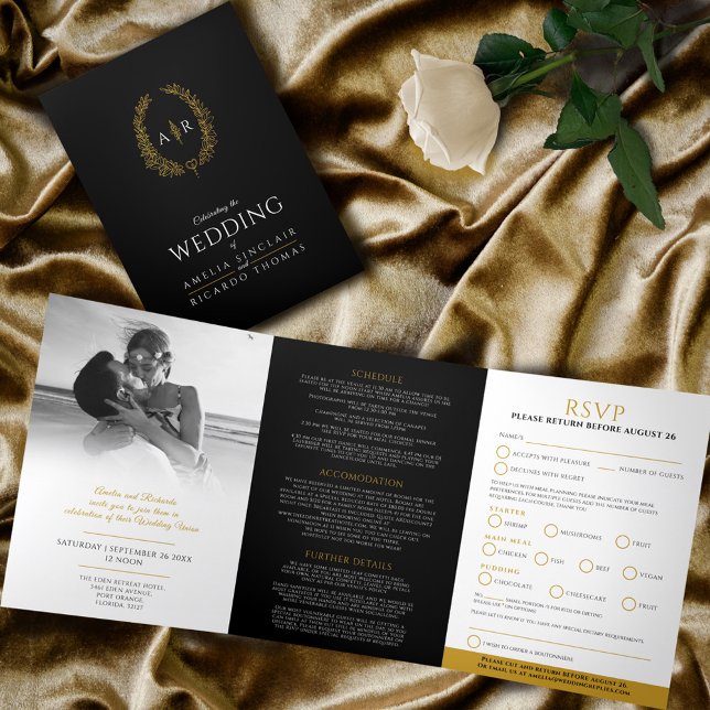 Monogram black gold leaf wedding meal option RSVP Tri-Fold Invitation (Creator Uploaded)