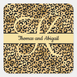 Monogram Black Gold Leopard Print Cheetah Animal Square Sticker