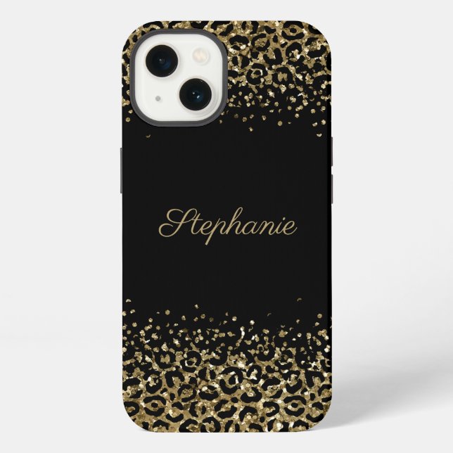 Monogram Black Gold Leopard Print Glitter Overlay iPhone Case (Back)