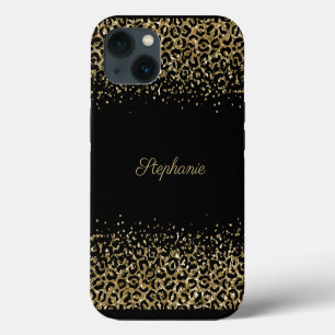 Monogram Black Gold Leopard Print Glitter Overlay iPhone 13 Case