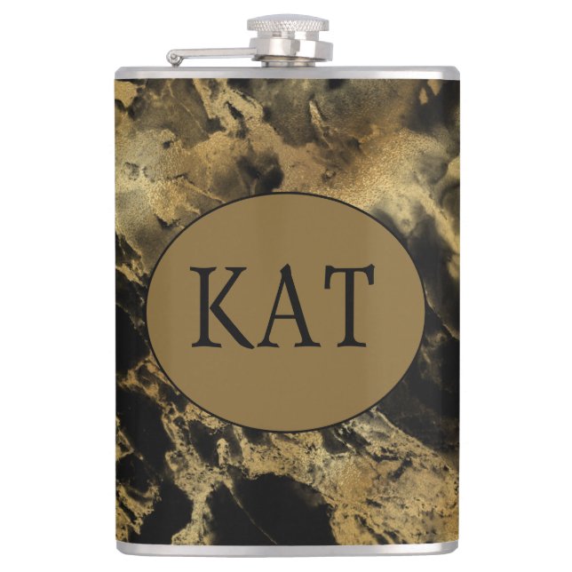 Monogram Black Gold Marble Agate Bridal Party Gift Hip Flask (Front)