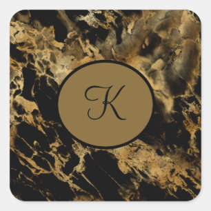 Monogram Black Gold Marble Agate Trendy Modern Square Sticker