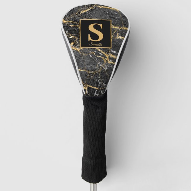 Monogram Black Gold Marble Name Golf Head Cover (Front)