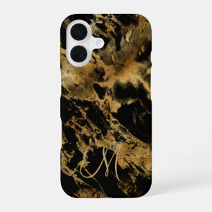 Monogram Black Gold Marble Watercolor Alcohol Ink iPhone 16 Case