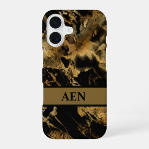 Monogram Black Gold Marble Watercolor Wash iPhone 16 Case