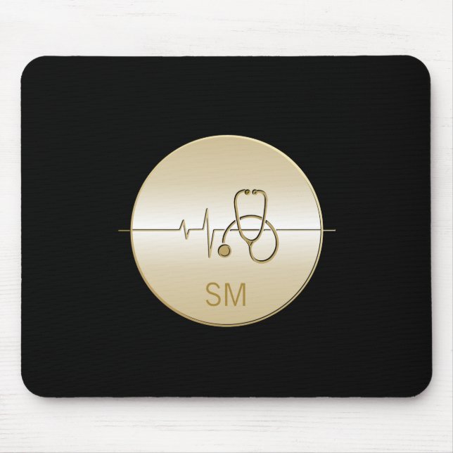 Monogram Black Gold Medical Stethoscope Heartbeat Mouse Pad (Front)