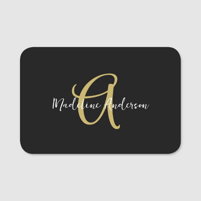 Monogram Black Gold Modern Girly Magnetic  Name Tag (Front)
