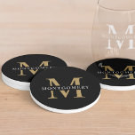 Monogram Black Gold Modern Minimal Coaster<br><div class="desc">This modern minimal personalised sandstone coaster has a gold monogram split initial with name inside on a black background.</div>