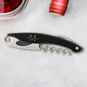 Monogram Black Gold Modern Minimal Corkscrew