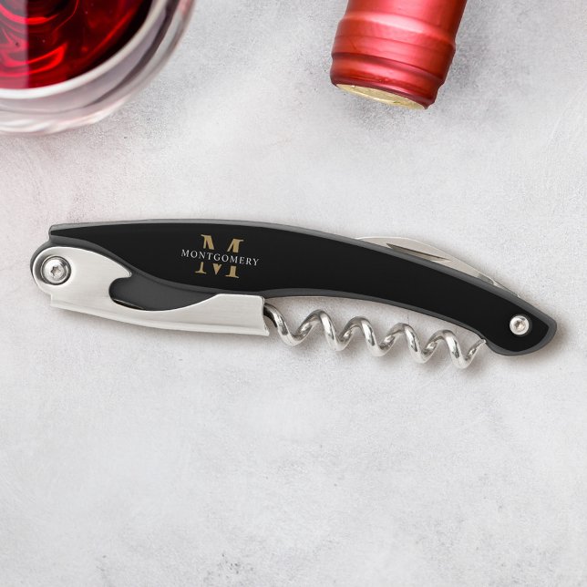 Monogram Black Gold Modern Minimal Corkscrew (Creator Uploaded)
