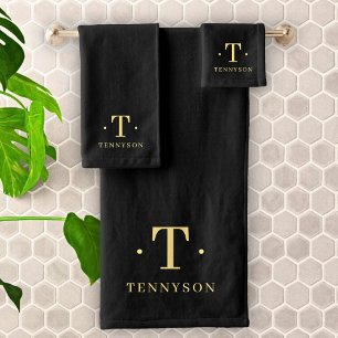 Monogram Black Gold Modern Minimalist Elegant Bath Towel Set