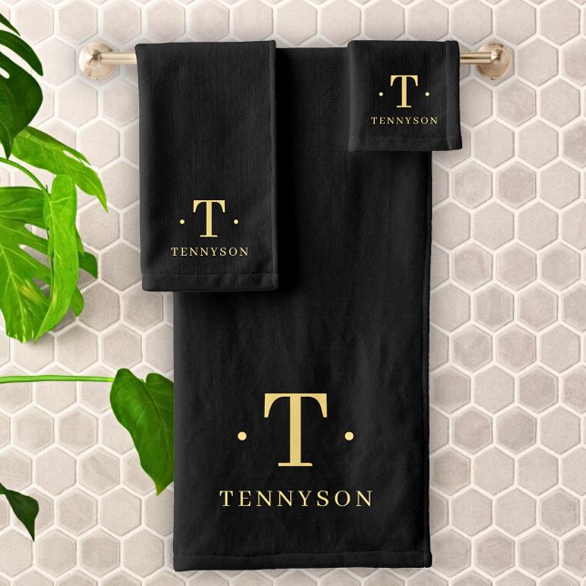 Monogram Black Gold Modern Minimalist Elegant Bath Towel Set (Creator Uploaded)