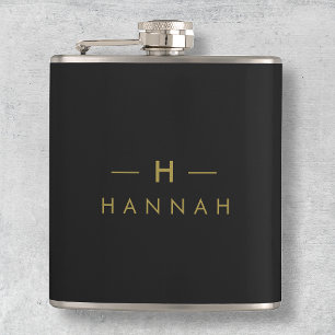 Monogram Black Gold   Modern Minimalist Elegant Hip Flask