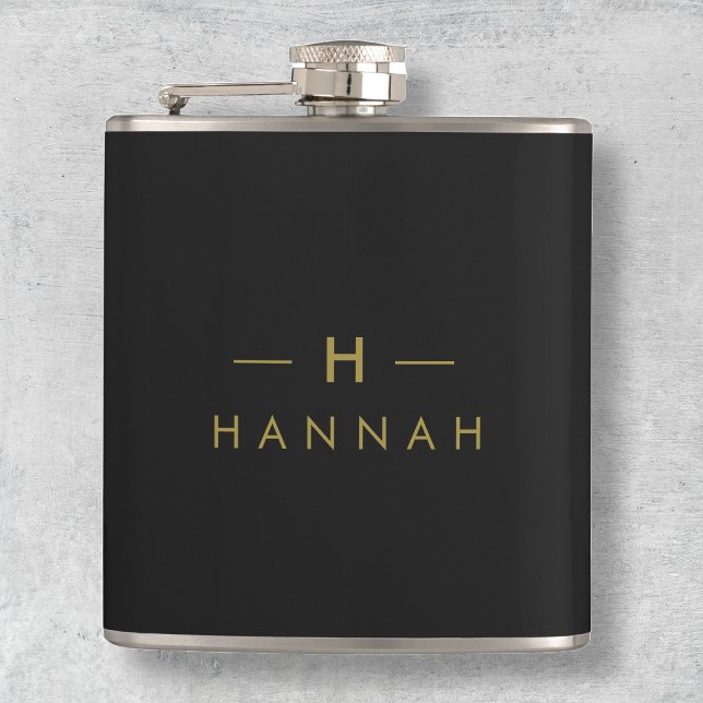 Monogram Black Gold | Modern Minimalist Elegant Hip Flask (Creator Uploaded)