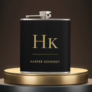 Monogram Black Gold Personalised  Hip Flask