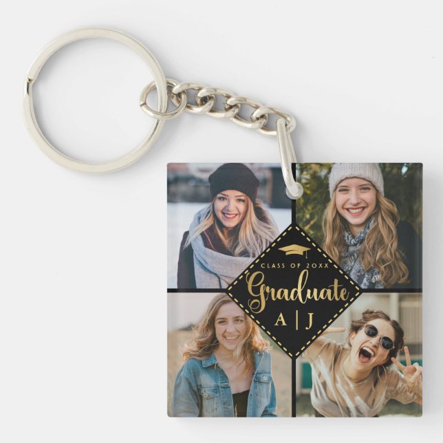 Monogram Black Gold Photo Collage Graduation Key Ring (Front)