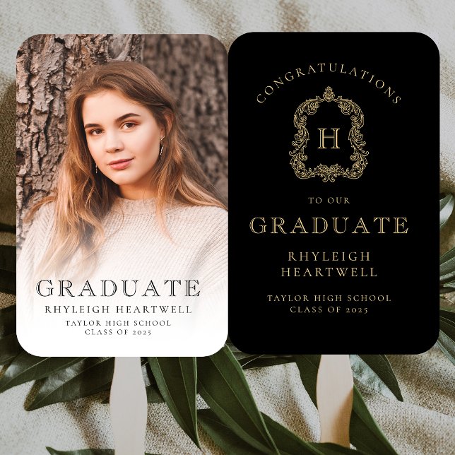 Monogram Black Gold Photo Graduation Hand Fan (Creator Uploaded)
