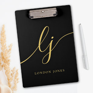 Monogram Black Gold Script Initials Professional Clipboard