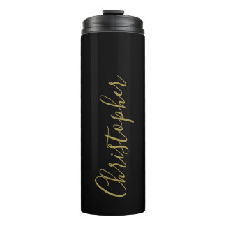 Monogram Black Gold Script Name Minimalist Men Thermal Tumbler