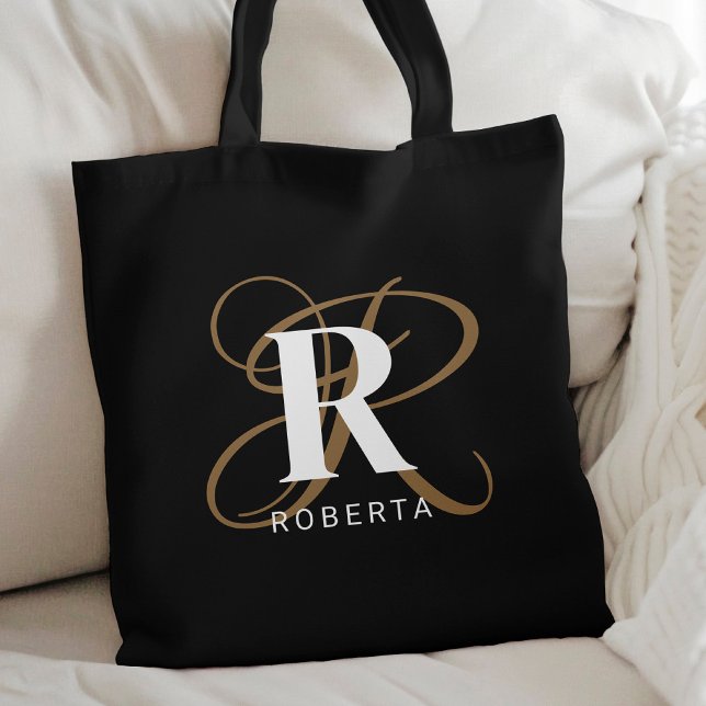 Monogram Black Gold Script Name Stylish Tote Bag (Creator Uploaded)
