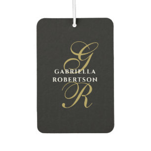 Monogram Black Gold Script White Name Minimalist Car Air Freshener