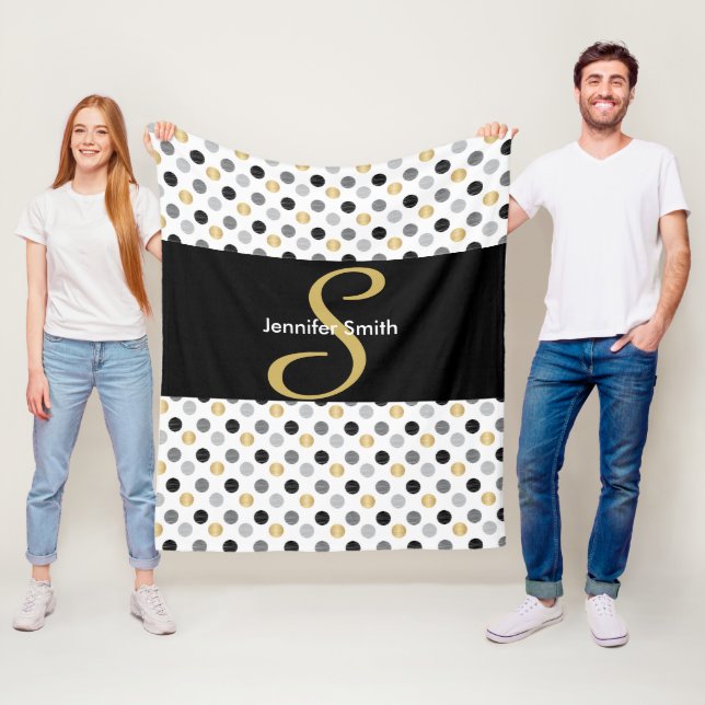 Monogram Black, Gold, Silver Polka Dots Fleece Blanket (In Situ)