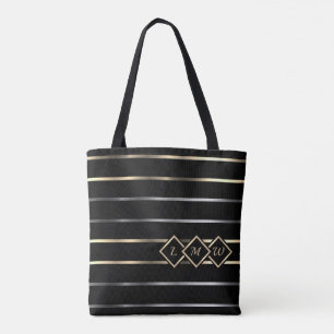 Monogram - Black, Gold, Silver Stripes Tote Bag