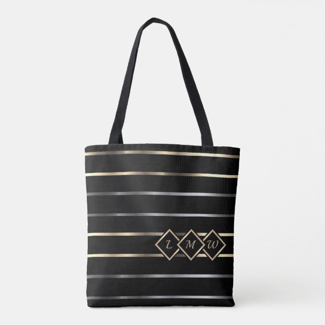 Monogram - Black, Gold, Silver Stripes Tote Bag (Back)