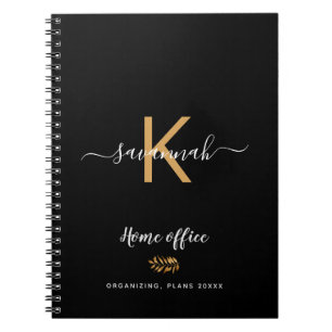 Monogram black gold typography office school notebook