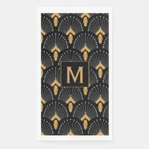 Monogram Black, Gold, White Art Deco Fan Flowers Napkin