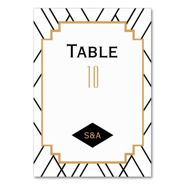 Monogram Black, Gold, White Art Deco Wedding Table Number (Front)
