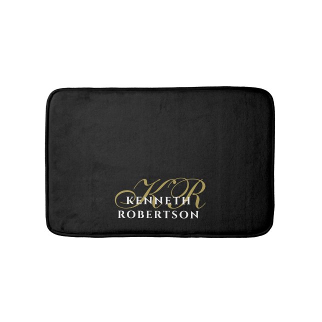 Monogram Black Gold White Minimalist Men Elegant  Bath Mat (Front)