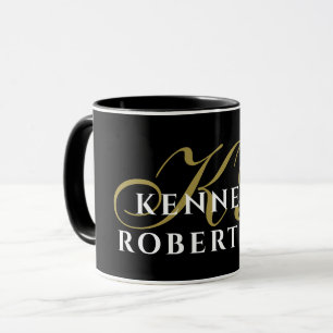 Monogram Black Gold White Name Minimalist Elegant Mug