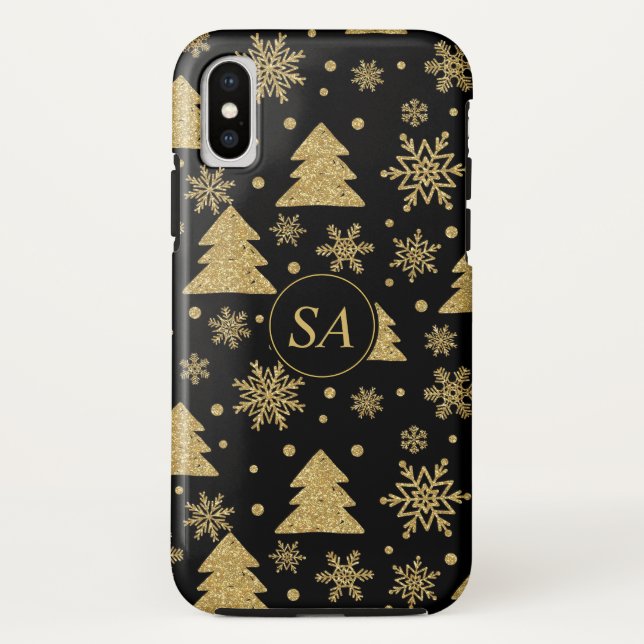 Monogram Black Golden Christmas Tree Snowflakes Case-Mate iPhone Case (Back)