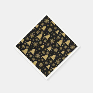 Monogram Black Golden Christmas Tree Snowflakes Napkin