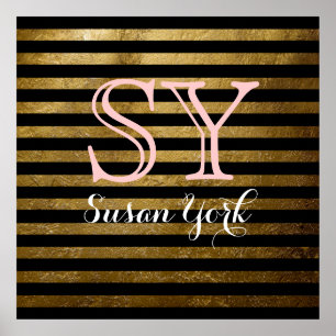 monogram black golden stripes chic style poster