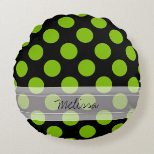 Monogram Black Green Chic Polka Dot Pattern Round Cushion