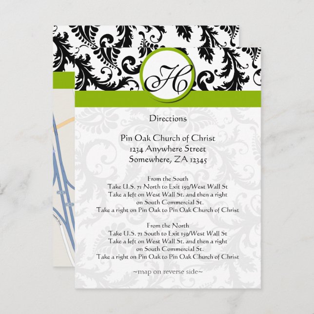 Monogram Black & Green Damask Direction Card (Front/Back)