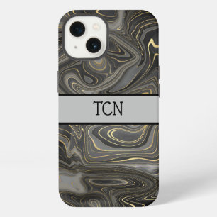 Monogram Black Grey Gold Marble Agate Strata iPhone 13 Case