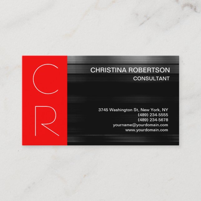 Monogram Black Grey Red Stripe Business Card (Front)