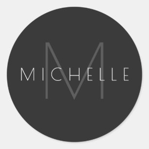 Monogram Black Grey White Modern Stylish Name Classic Round Sticker