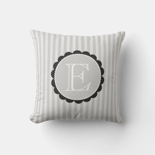 Monogram Black Grey White Scalloped Stripes Cushion (Front)